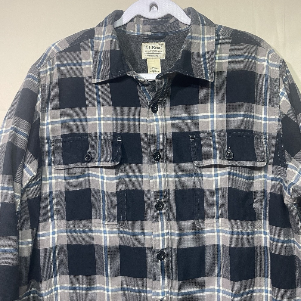 LL Bean-Jacket Mens Large-Tall Blue Plaid Fleece Lined Shacket Button Up Flannel